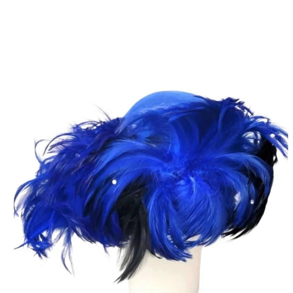 MR. JOHN 1950s Wool Couture Hat Blue Feather Fascinator Vintage Old Hollywood